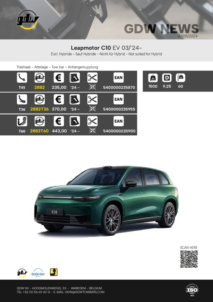 Nieuwsbrief over de nieuwste trekhaakreferenties voor het model Leapmotor C10 EV.